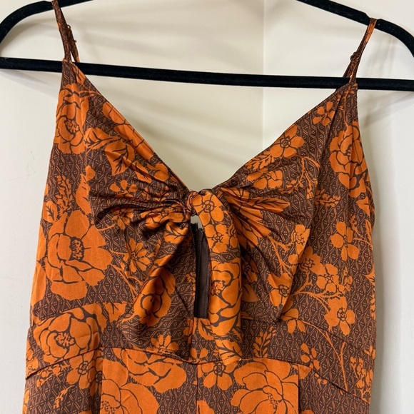 Suzy Shier Orange and Brown Elegant Floral Romper | One-piece Silk Jumpsuit - Picture 5 of 9